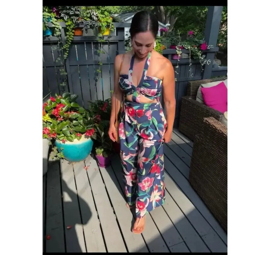 PATBO Navy Blue Floral Halter Neck Center Cut-Out Wide Leg Laelia Jumpsuit US 0 - Picture 16 of 16